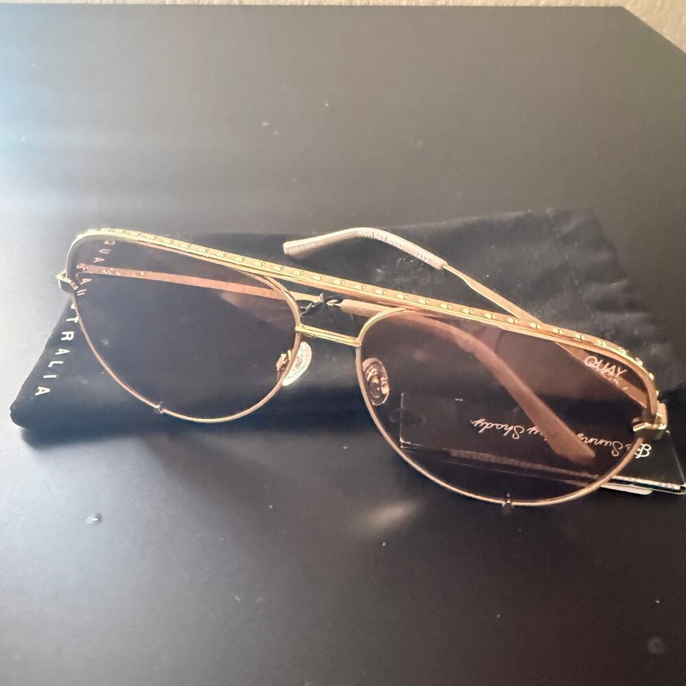 Quay High Key Rivet Gold Tan Aviator Sunglasses Women's